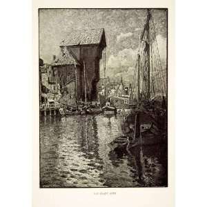  1909 Photolithograph Alfred Scherres Crane Gate Poland Ship 