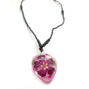  Purple & Pink Flower Clear Heart Necklace Real Flower 