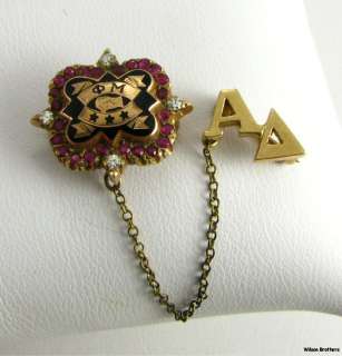 PHI MU   Diamonds Rubies 10k Yellow Gold Greek sorority Vintage Pin 