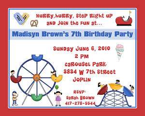 20 Birthday Invitations   Carnival or Theme Park  