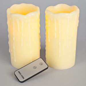 NEW 2 Pc Set Drip Flameless LED Ivory Wax Pillar Candles w/ Remote 