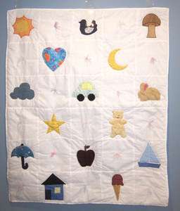 Handmade Amish Baby Quilt White Eyelet Applique Heart Apple Car Moon 