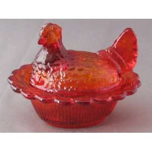   Ruby Red Glass Hen on Nest Chick Salt Covered Dish 