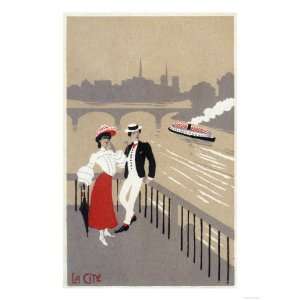  La Cite Art Deco Scene of Couple Watching Riverboat 