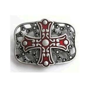  Artistic Cross Crucifix Belt Buckle Silver/Red (Brand New 