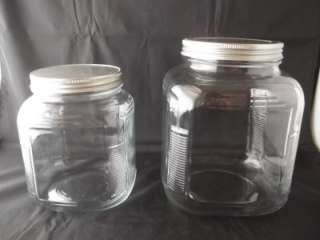 Set of 2 Anchor Hocking Square Clear Glass Jars Metal Lids Small Large 