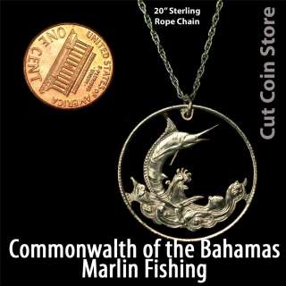 The Bahamas Ocean Marlin Fishing 50¢ Cut Coin Necklace Silver Rope 
