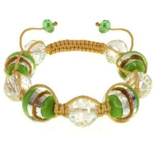   Green Murano Glass & Crystal Beads On Cotton Rope Adjustable Bracelet