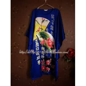 100% SILK KAFTAN ROBE DRESS, Chiense Painting, BLUE, RED 