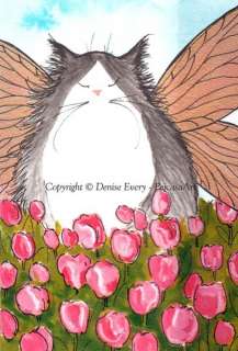ACEO PRINT Maine Coon Cat Tuxedo Fairy Cat Art & Tulips  