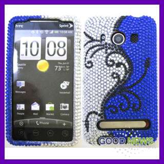 for Sprint HTC EVO 4G   Blue Silver Vines Bling Cubic Hard Case Phone 