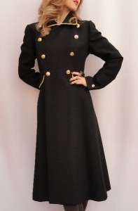   Label Black 100% Wool D Breasted Military Long Coat UK10 US6  