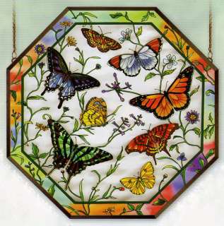 RAINBOW & BUTTERFLIES 22 OCTAGON STAINED GLASS PANEL  