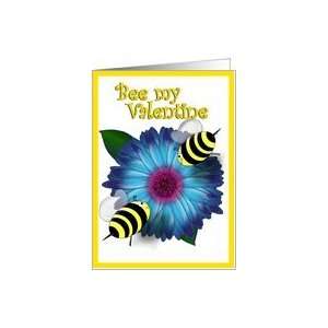  Blue Flower with Cartoon Honey Bees Bee My Valentine Card 
