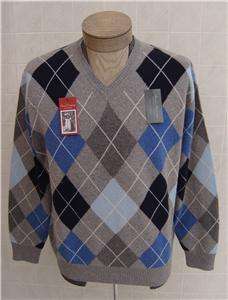   Cremieux 3 Ply 100% Cashmere Sweater Mens ARGYLE L GRAY Navy Pullover