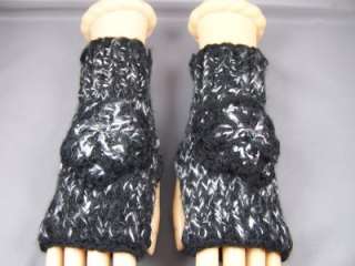 Black White Knit Fingerless Gloves Arm Warmers Texting  