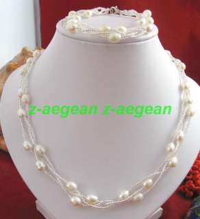 a251 natural white pearl 3rows 7mm necklace 17 & Bracelet 7.5  