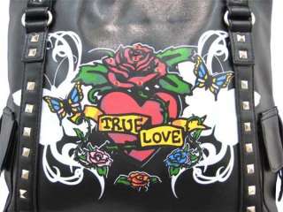 Large `True Love` Tattoo Flash Black Vinyl Shoulder Bag  