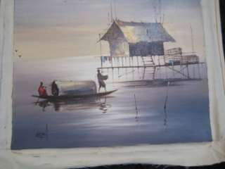 Cambodian lake house long boat Kmer oil painting A  