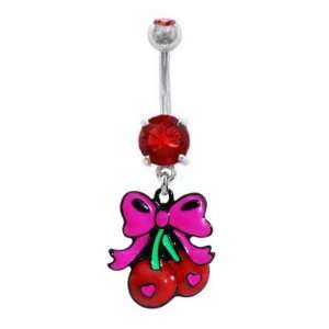  Red Sweet Cherrys w/ Pink Bow cherries Dangle Belly navel 