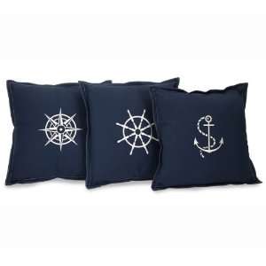  Set of 3 Nautical Embroidered Navy Blue Square Throw 