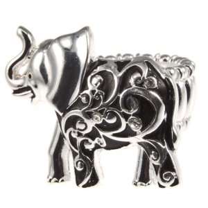 Silver Tone Stretch Band Ring with Elephant Focal of Silver Tone and 