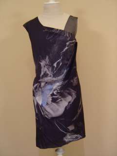 Helmut Lang Black Blue Silk Tryphid Print Satieen Dress Sz 6 NWT $485 