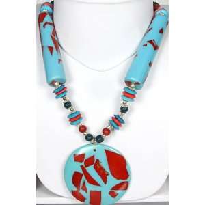    Blue Beaded Necklace with Large Pendant   Beads 