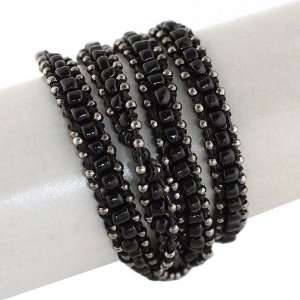 Fashion Beaded Wrap Bracelet; 22L; Black Beads; Mini Gunmetal Beads 