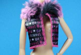 Barbie Go Travel Cropped Jacket Vest Black Purple Pink Faux Fur Collar 