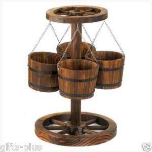 PLANTER GARDEN DECOR 4 baskets wood RUSTIC GUAGON WHEEL  