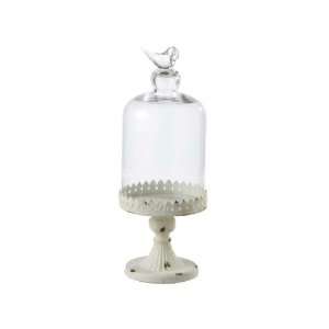 Large Antique White Pedestal Stand With Bird Topped Clocheiron Glass 