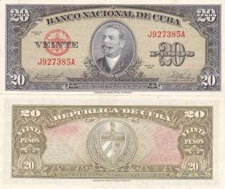 Cuba $ 20 Pesos Banco Nacional de Cuba 1958 UNC.  