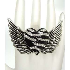  Rockabilly Gothic Zebra Heart and Wings Rock Angel Ring 