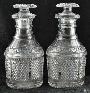 Pair Antique English Cut Glass Decanters Diamond 1800s  