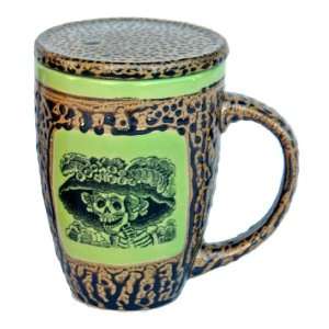 Day of the Dead Skeleton Mug with Lid in Dark Yellow  
