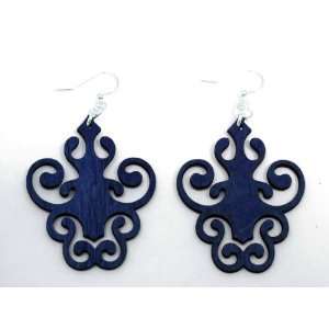  Royal Blue Fancy Ink Blot Wooden Earrings GTJ Jewelry