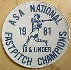 1981 ASA National Fastpitch Champions Mens 18 & Under Cloth Patch