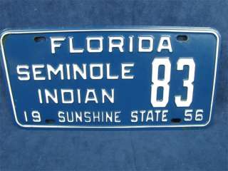 1956 Florida State License Plate Seminole Indian #83  