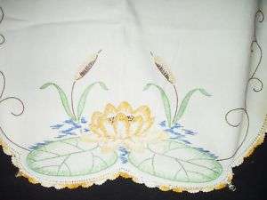 Vintage Table Runner Lily Pads Reeds Embroidered Edges  