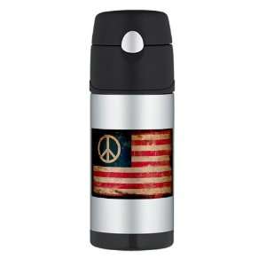   Thermos Travel Water Bottle Worn US Flag Peace Symbol 