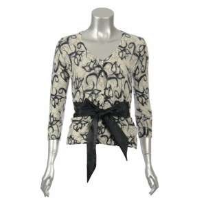 Sutton Studio Ivory Cashmere Black Floral Wrap Sweater  