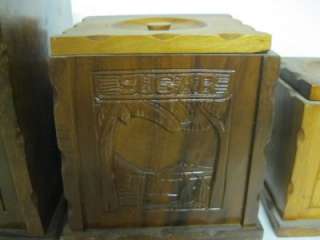  Carved Wood Wooden Kitchen Canister set Flour/Sugar/Coffee/Tea  