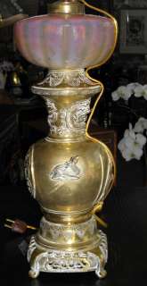 Antique Oriental Brass & Monot & Stumpf Glass Oil Lamp  