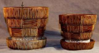 Pair Vintage MCCOY Brown Basketweave Design Flower Pot Planter w 