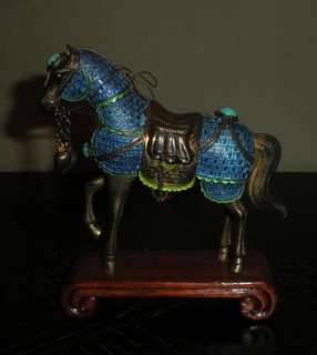 Chinese Silver Sterling Enamel Statue Horse Turquoise Inlay Marked 
