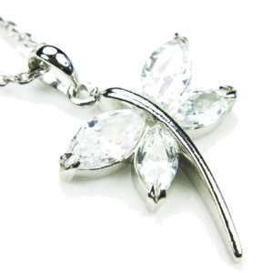  Dragonfly Necklace, Silvertone, Diamond Colored CZs, 18 Jewelry