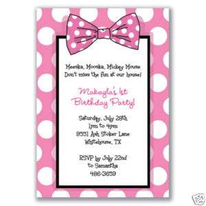 Bow Polka Dots Invitations Pink White Minnie Mouse CUTE  