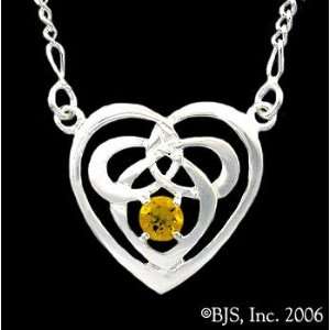 Celtic Heart Knot Necklace, Sterling Silver Pendant, Citrine set 