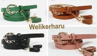   Leather Japan Korean Style Thin Tassels Buckle Skinny Belt 6 COLOR